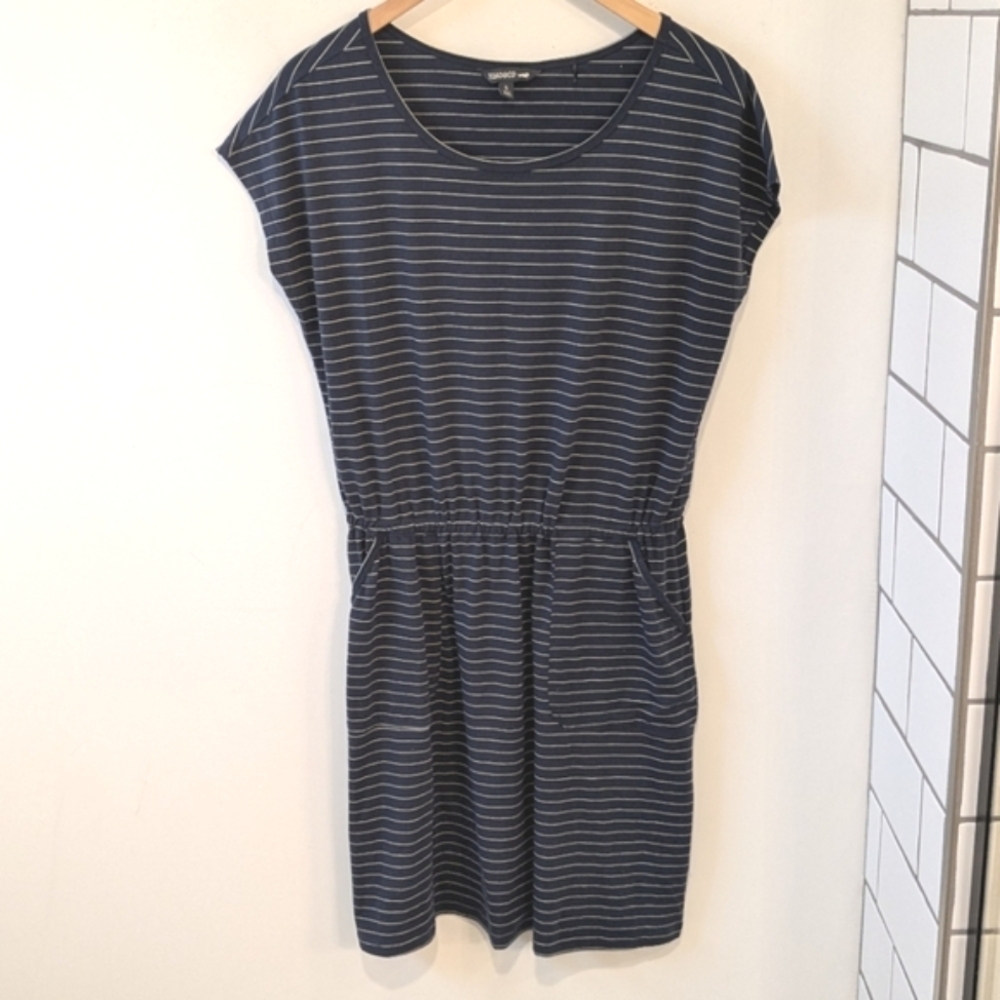 Toad&Co Navy Blue White Swifty Short Sleeve Dress Drawstring Waist Small